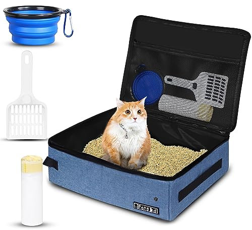 Petskd Portable Cat Travel Litter Box with Lid and 10 pcs Disposable Liner Bags, Leak-Proof and Collapsible, Cat Travel Essentials for Car, Hotel, Airplane and Other Outdoor Use(Blue)