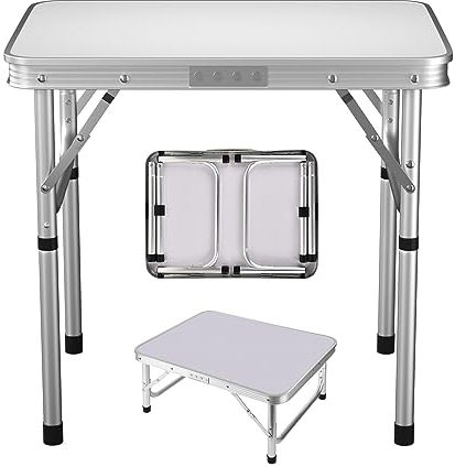 Bowose Campingtisch Aluminium-Klapptisch 60cm x 45cm, höhenverstellbar, Leichter Gartentisch, 20kg Belastbarkeit, Faltbarer Campingtisch leicht zu transportieren, für Haus, Garten, Büro (Weiß)