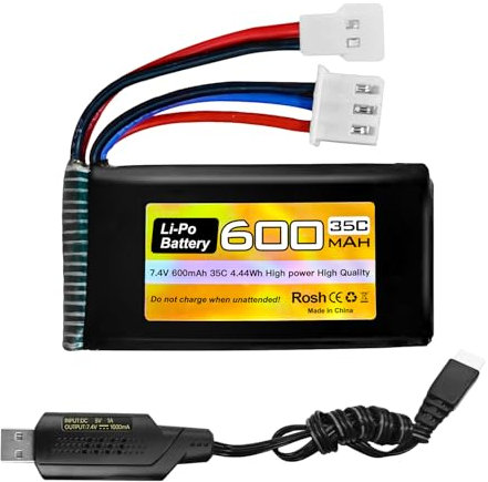 ZYGY 1PCS 7.4V 600mAh 35C 2S Lipo Akku mit Molex Stecker und USB Ladegerät passend für FMS FCX24 RC Autos, LKW, Fernbedienung elektrische Kletterfahrzeuge FCX24