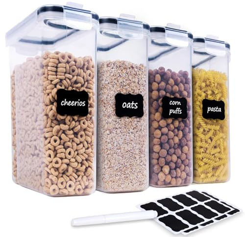 Pack of 4 2.5 L Storage Jars with Lid, BPA-Free Plastic Food Storage Containers, Transparent Airtight Kitchen Storage Box, Cereal, Pouring Container for Flour, Sugar, Spaghetti, with Label and White