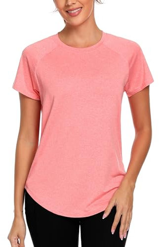 Wayleb Women's Sports T-Shirt Gym Yoga Workout Tops for Women Crew Neck Running Fitness Athletic Short Sleeve Loose Tee Pink