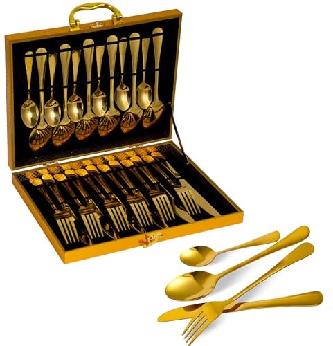 Emily Essentials 24-Piece Gold Cutlery Set | Elegant Plated Stainless Steel for 6 People, Includes Forks, Knives, Spoons, Ideal for Entertaining
