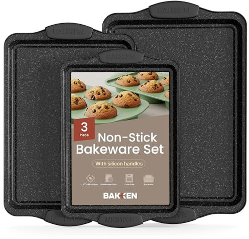 BAKKEN - Set di 3 fogli per biscotti antiaderenti, impilabili in acciaio al carbonio, con manici in silicone, fogli per biscotti atossici, per cottura al forno, marmo grigio
