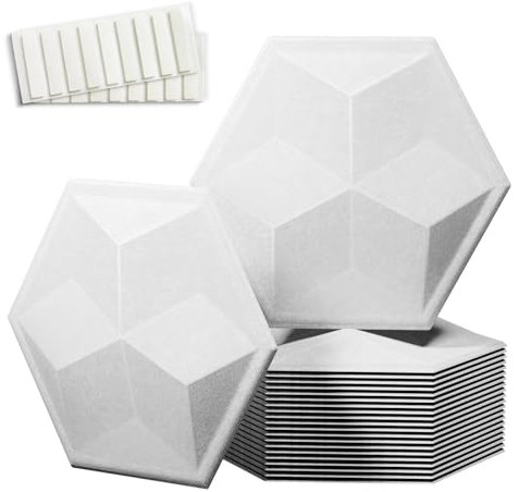 Paquete de 12 paneles acústicos hexagonales 3D autoadhesivos, 14 x 12 x 0.2 pulgadas, panel de absorción de sonido de alta densidad, panel de pared insonorizado 3D para oficina en casa y estudio de