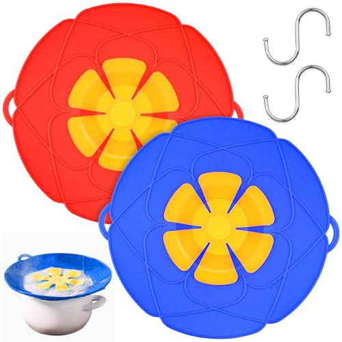 Joyseedi Silikon-Deckel mit Auslaufschutz, Überkochschutz, Küchenutensilien, Dampfentlüftungspfanne und Topfdeckel für Töpfe mit einem Durchmesser von 15–26 cm, Rot + Blau, 2 Stück