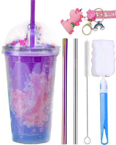seelucky Gobelet de voyage licorne avec paille à paillettes - Tasse en plastique pour pique-nique, fête, anniversaire (licorne de rêve violet)