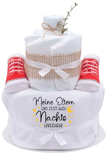 Trend Mama® | Sprüche Windeltorte | Meine Eltern sind jetzt auch Nachts erreichbar| witziges Baby Lätzchen und niedliche Babysocken | Baby Party Geschenk (Weiß)
