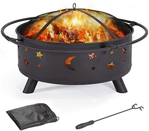 Braciere da esterno, 76,2 cm, rotondo, a legna, per patio e cortile, con paravento, attizzatoio e copertura per braciere, motivo stelle e lune