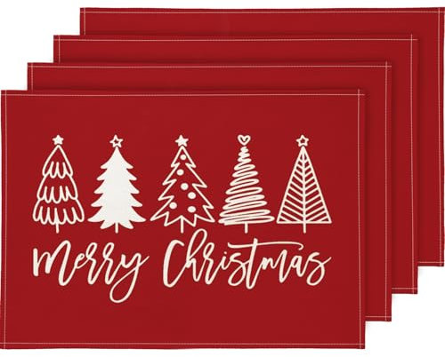 YCOLL Platzset Weihnachten 4er Set Weihnachtsdeko Tisch Tischsets Platzsets Abwaschbar Platzdeckchen Rot Weihnachtsuntersetzer für Drinnen und Draußen Esszimmer Party Dekoration 30x45cm