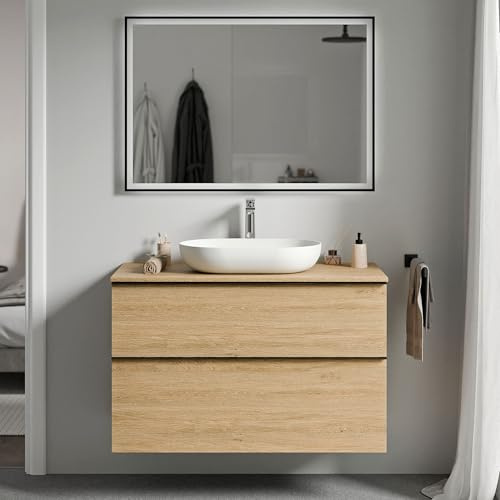 Bernstein Waschbecken-Unterschrank Lavoa 100cm in Eiche - Waschtischplatte: Eiche - Schrank mit 2 Schubladen, Griff in Anthrazit Soft-Close Hettich Metallauszüge, 5 Jahre Garantie