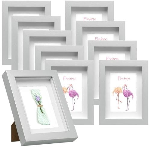 EUGAD 10er Set Bilderrahmen Fotogalerie, 20x25cm, Silber, tiefer Rahmen für Objekte bis 1,5 cm, Holzrahmen mit Papier-Passepartout, mit Glasscheibe, 3D Objektrahmen