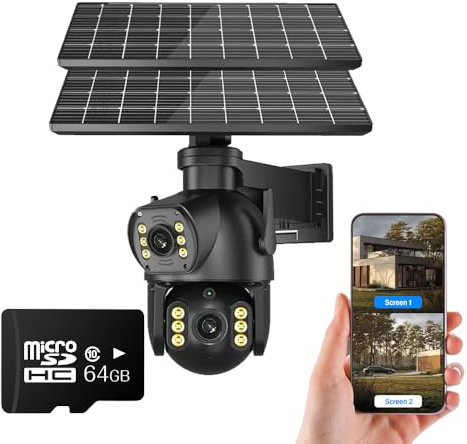 ACOMOK 4K/8MP Solar Security Cameras Dual Lens 360°PTZ Solar Camera Outdoor Wireless Cameras for Home Security with 4G SIM Card (8MP 64g Card)