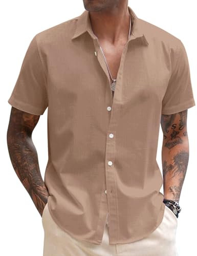 COOFANDY Mens Linen Shirt Short Sleeve Casual Summer Shirts Plain Button Down Holiday Shirts Khaki XL