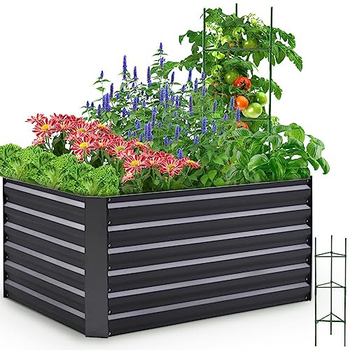 Quictent Hochbeet Metall 120 x 90 x 56cm, Kräuterbeet ohne Boden für Garten, Gemüsebeet Pflanzkasten Frühbeet mit Tomatenkäfigen,Grau