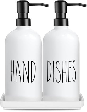 Glass Soap Dispenser Set: Premium 2 Pack Liquid Soap Dispenser with Ceramic Tray 500ML/17oz Hand and Dish Soap Dispenser with Stainless Pump Thick Glass Bathroom Bottles,for Countertop (White)