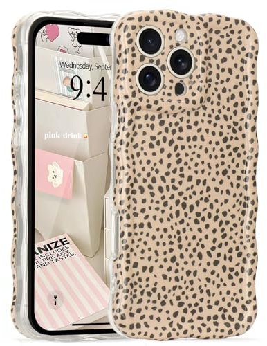 LAPOPNUT For iPhone 16 Pro Max Case,Animal Print Curly Wave Frame Soft TPU Case for Women Girls,Shockproof Protection Cool Leopard Pattern Phone Cover for Apple iPhone 16 Pro Max 6.9,Beige