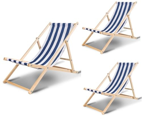 Ollewiellan 3er Set Liegestuhl Klappbar Holz Blaue und weiße Strandstuhl Holz,GartenliegeHolz bis 120kg,Verstellbar & Wetterfest Holzklappstuhl Strandliege für Patio Balkon Strand