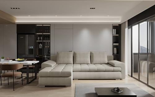 Kaiser Möbel - Ecksofa mit Schlaffunktion und Bettkasten - Tomi Couch für Wohnzimmer - Wohnlandschaft L Form - Boucle-Polsterstoff Abriamo - 150x237x85cm - LinksBeige