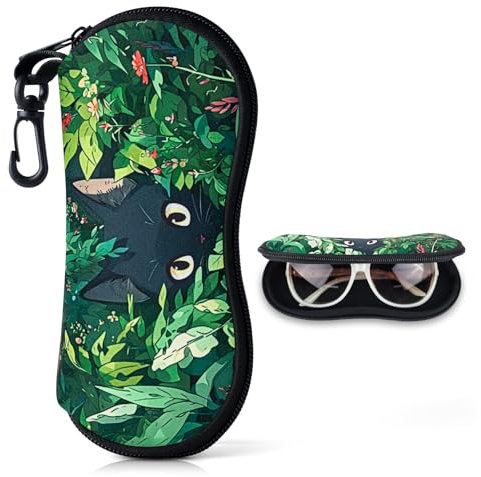 Etui Lunettes Étui a Lunette Souple en Néoprène pour Femmes&Enfant&Fille Portelunettes de Protection Rangement Lunettes de Soleil avec Fermeture Eclair étui à Lunettes avec Mousqueton (Chat Noir-B)