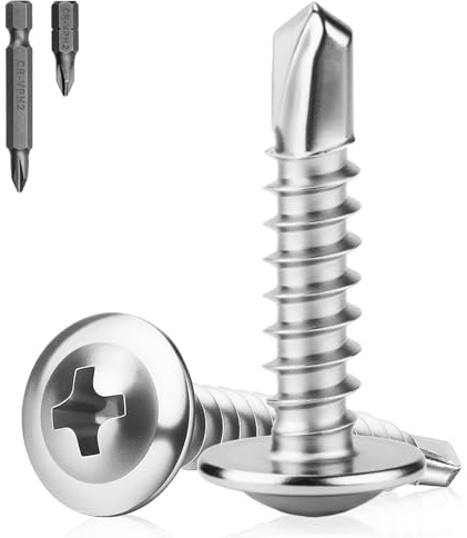 XRXYMQ 100 Pièces Vis Autoforeuse Metal M4.8 x 38 mm Vis Autoforeuse Inox 410 Autoperforante à Tête Fraisée Autoperceuse pour Metal Avec 8 Forets