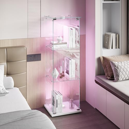 Glasvitrine Standvitrine,Glasvitrine Stehend mit Led,3 Lagen Glas Holz Glas Vitrine Vitrinenschrank 1 TüR und Schloss Vitrine Glasschrank Display Cabinet Sammlervitrine (Weiß, 3 Etagen 1 Tür+LED-1)