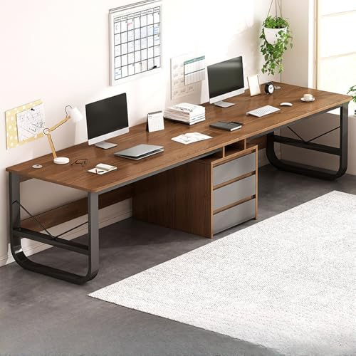Gaming-Tisch für zwei Personen, moderner rechteckiger Computer-Arbeitstisch aus Holz mit Metall-Schlittenbasis und organisiertem Verkabelungssystem, Bürotisch für Paare, ohne Stühle, Braun, 79 L x 19