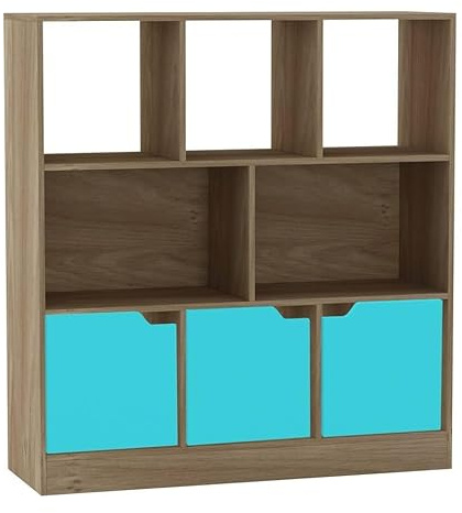 URBNLIVING Oak 8 Cube Asymmetrical Bookcase – Freestanding Storage Cabinet with 3 Doors - Basic Doors - Blue