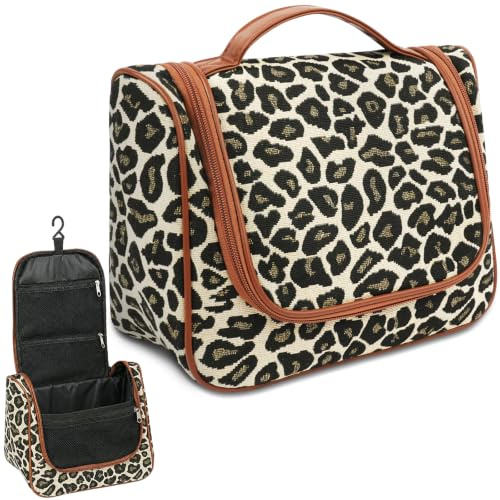 OSDUE Kulturbeutel Damen, Kosmetiktasche zum Aufhängen, Waschtasche für Damen Mädchen, Reisetasche mit Haken, Handgepäck-Reisezubehör, Leopardenmuster