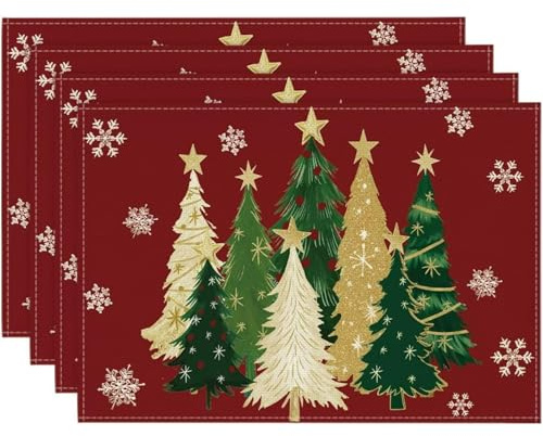 Xmas Trees and Snowflakes Winter Placemats Set of 4-12x18 Inch Red Christmas Table Mats for Seasonal Kitchen and Dining Decoration (red)