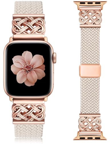 TOYOUTHS Geflochtenes Magnetisches Armband Kompatibel mit Apple Watch 40/38/41/42mm Damen Herren, Elastisch Stoff Sport Nylon Armbänder für iWatch 11 10 9 8 7 6 5 4 SE 3 2 1, Polarstern/Rose Gold