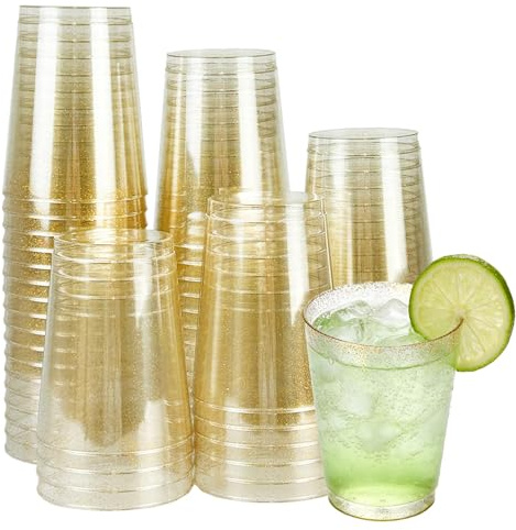 TEYIAN 50Pcs Premium Clear Hard Plastic Cups with Gold Glitter 280ml / 10oz Party Cups Reusable Glasses Plastic Tumblers for Cocktail Champagne Wine Wedding Birthdays Party (Gold)