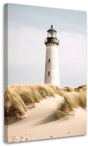 Feeby Leinwand Bilder - Bild Wohnzimmer - Leuchtturm Meer Pflanzen Dünen - 70x100 1tlg - Deko Schlafzimmer Groß - Dekoration Canvas - Gemälde - Modern Wandbilder - Kunstdruck