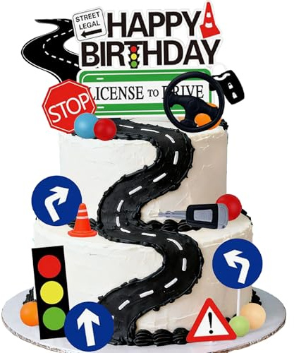 LaVenty 17th Birthday Decor Learner Driver Cake Decoration | 17th Driver License Car Road Signs Theme Party Supplies 17 Year Old Birthday Decorations