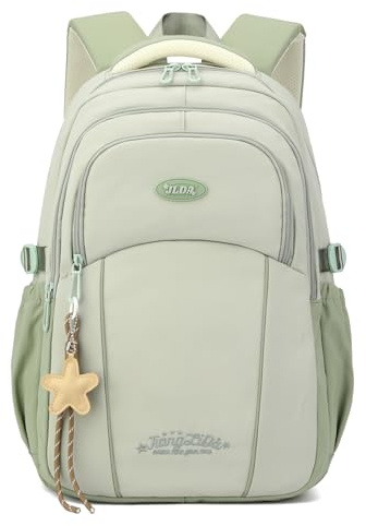 Lutuan Schulrucksack für Mädchen Teenager, ab 10 Jahren, Grün | Wasserdichter Schultasche mit Stern-Anhänger, Modischer Tagesrucksack Groß mit Laptopfach 15.6 Zoll für Schule Reisen