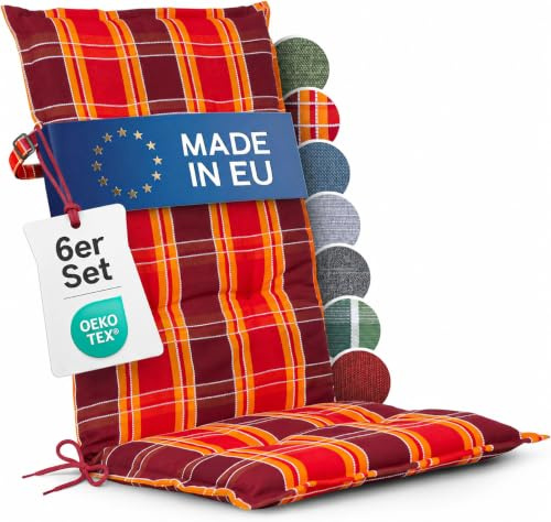 Homeoutfit24 Hochlehner Auflagen, Made in EU, 6er Set, Rot-Kariert | 120x50 cm, Gartenstuhlauflagen Sitzauflagen, Oeko-Tex zertifiziert, Hochlehner Polster
