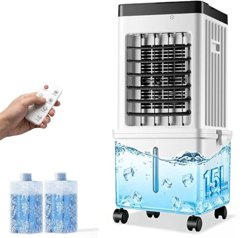 Portable Air Cooler, 15L Evaporative Cooling Fan with Remote & 2 Ice Packs, 3-in-1 Hoseless Room Cooler with 3 Speeds, 7.5H Timer & 120° Oscillation For Office, Bedroom