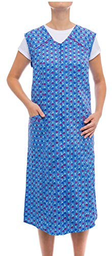 Tobeni Damen Kittelschürze mit Reißverschluss & V-Ausschnitt Baumwolle | Damen Schürzenkleid | Haushaltskittel Ärmellos mit Taschen & Wiener Naht | Pflegeleichtes Hauskleid Schürze ca. 112 cm lang