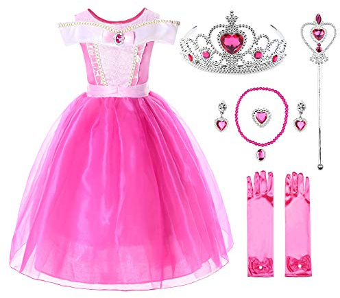 JerrisApparel Fille Princesse Aurora Costume Élégant Tulle Fête Robe (5 Ans, Cheville avec Accessoires)