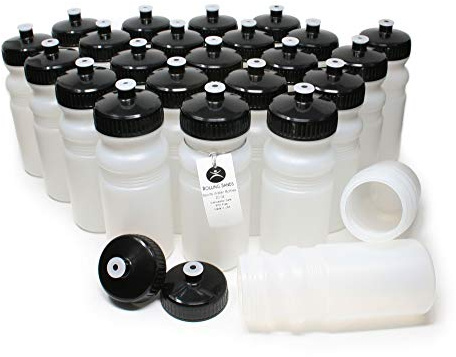Rolling Sands Reusable Bulk Water Bottles 24 Pack - 20 Oz Sports Water Bottles, USA Made, BPA-Free, Wide Mouth for Easy Cleaning, Dishwasher Safe, Break Resistant - Clear Frost Bottle/Black Lid