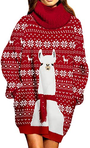 Viottiset Damen Weihnachten Übergroßes Pulloverkleid Rollkragen Gerippt Grobstrick Gestrickt Lockeres Dunkelrot 02 L