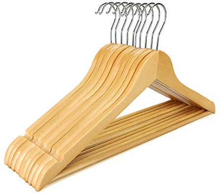 Artillen Holz-Kleiderbügel, 10 Stück, 44,5 cm, Mit Schulterkerben, Hosenstange, 360° Drehbarer Haken (Natur)