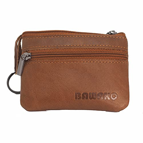 BAWAKO Porte-monnaie en cuir véritable pour homme et femme, avec deux compartiments, fermeture éclair, porte-clés, mini porte-monnaie, porte-monnaie, S, doré, S