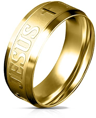 BlackAmazement 316L Edelstahl Ring Jesus und Kreuz Stufenkante Comfort Fit silber rose gold Herren Damen (Gold, 65 (20.7))