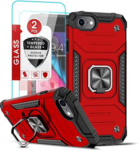LeYi Coque pour iPhone 8/7/6/6s/SE 2020/SE 2022 avec 2 Verre Trempé Vitre Protection et Anneau Telephone, Militaire PC et TPU Silicone Etui Antichoc Housse pour iPhone 8/7/6/6s/SE 2020/SE 2022- Rouge