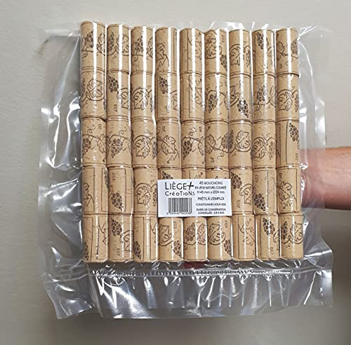 45 bouchons Hauteur 45 mm x Ø24 mm en liège naturel colmaté - étampés grappe - prêts à l'emploi - Conditionnés sous-vide - Durée de conservation conseillée : 3 à 5 ans