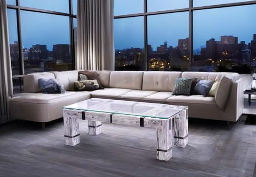 CHYRKA® Wohnzimmertisch Couchtisch Massivholz Metall Glastisch Holz Glas Loft Handmade (Drohobycz-Weiss, 120x60 cm H=40 cm)