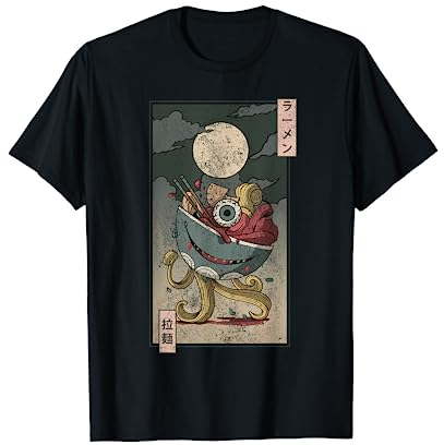 Weirdcore Aesthetic T-Shirt: Japanische Ramen-Nudeln Augapfel, Unisex, Schwarz, S