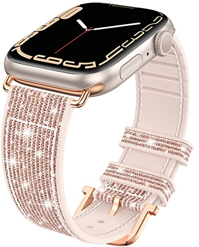 Neitra Glitzer Watch Uhrenarmband für Apple Watch 41mm 40mm 38mm Armband, Weiches Silikon Farbwechsel Ersatzarmbänder für iWatch 9 8 7 6 5 4 3 SE 2023(Rosa-Roségold-Gold)