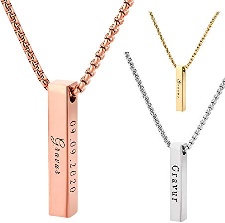UHRENWELT Stabanhänger mit Kette und eigener Gravur Namen und Datum / Barrenkette mit Wunschgravur / Roségold (Rosé, Edelstahl)