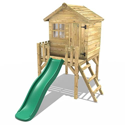 Rebo® Orchard 4FT x 4FT Wooden Playhouse on Deck with 6FT Slide – Swan Dark Green Slide | OutdoorToys | Kids' Outdoor Wooden Garden Wendy House, Children's Play Shed, Weather Resistant